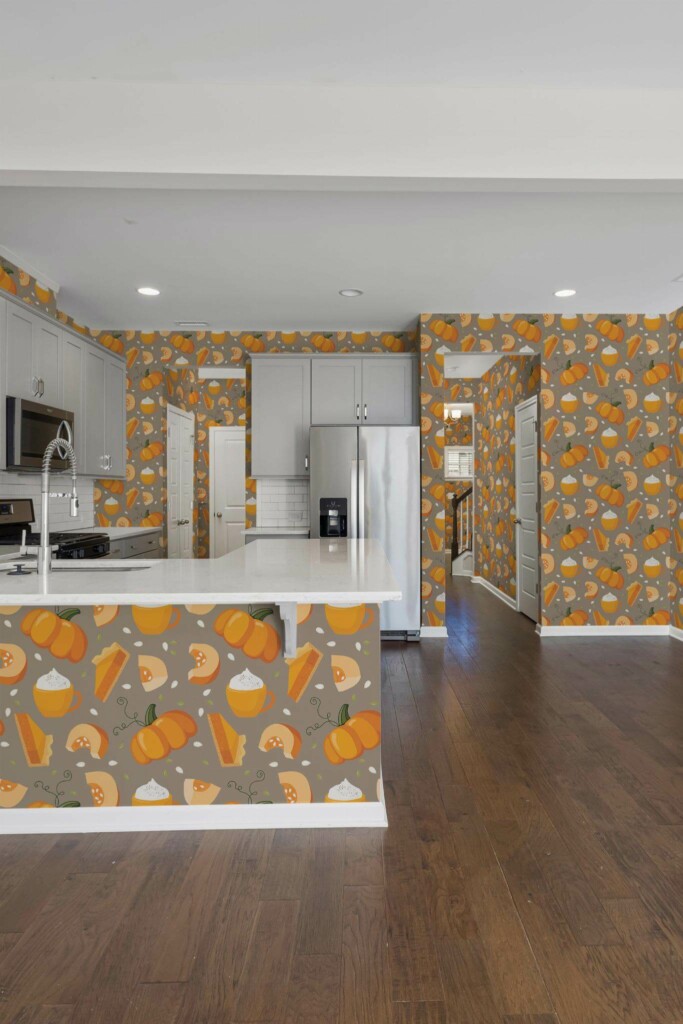 Minimal scandinavian style kitchen decorated with Pumpkin spice autumn peel and stick wallpaper