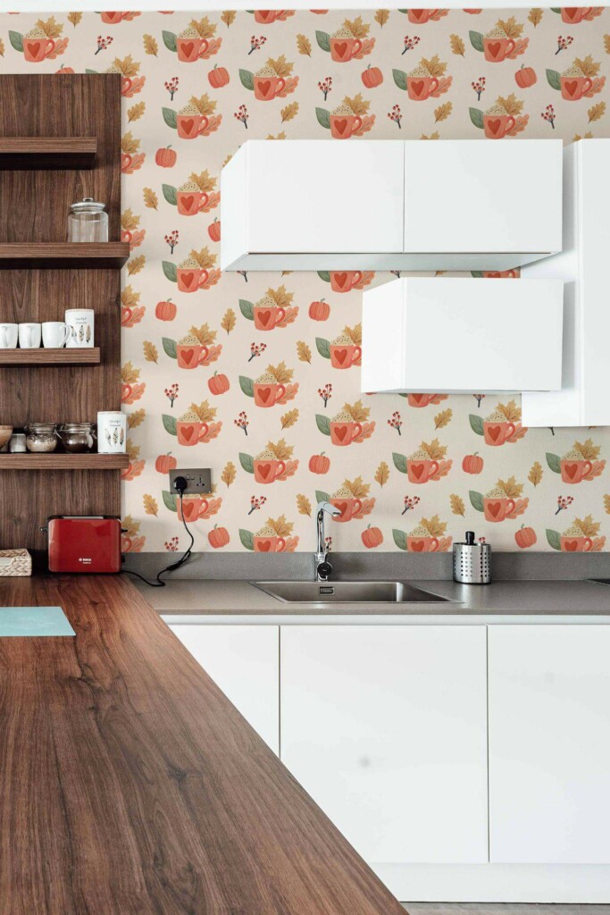 Rustic Scandinavian style kitchen decorated with Pumpkin spice peel and stick wallpaper