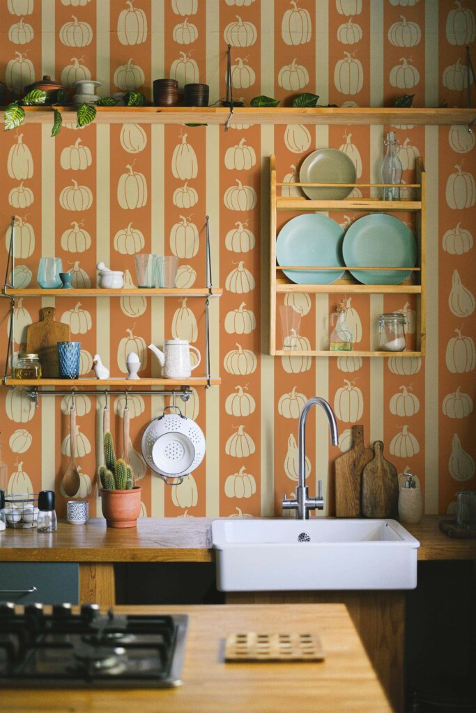 Rustic farmhouse style kitchen decorated with Pumpkins peel and stick wallpaper