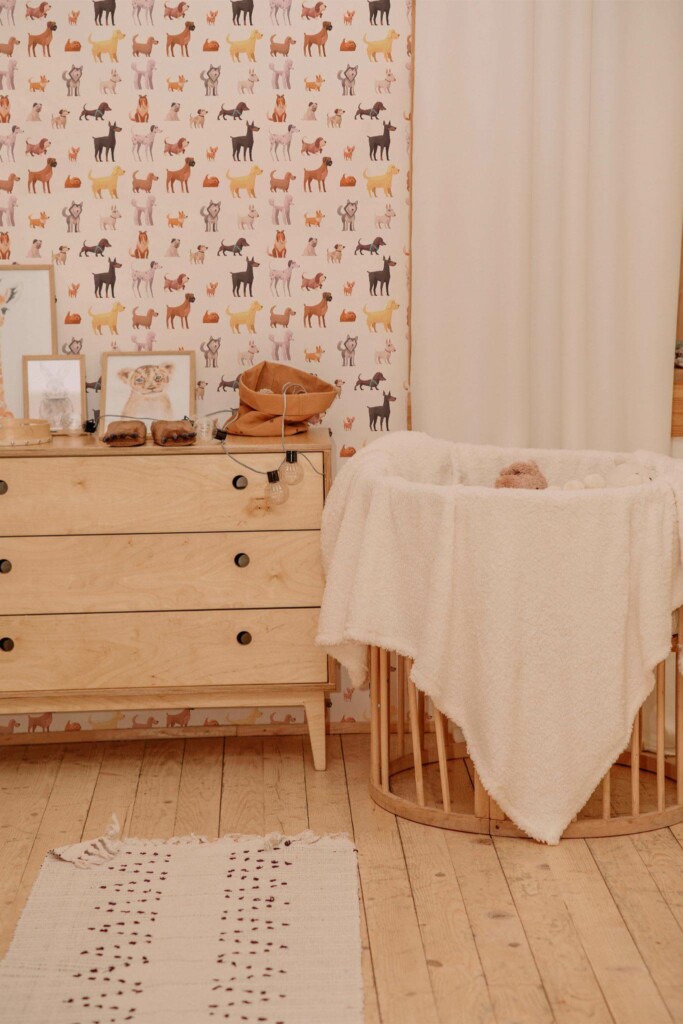 Neutral style nursery decorated with Puppy breed peel and stick wallpaper
