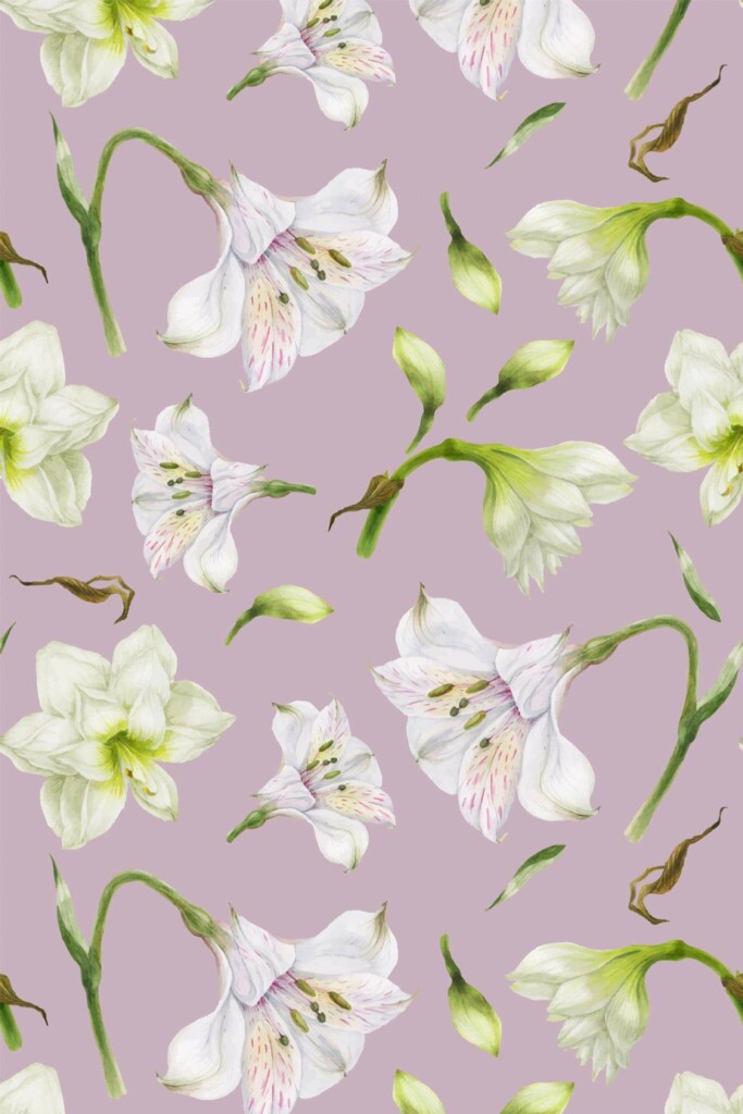Pattern repeat of Purple and white floral removable wallpaper design