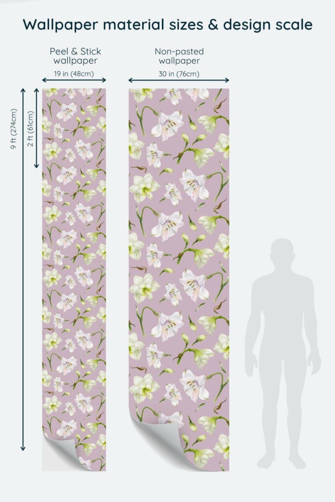 Size comparison of Purple and white floral Peel & Stick and Non-pasted wallpapers with design scale relative to human figure