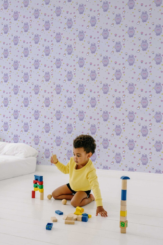 Fancy Walls Purple Animal wallpaper for Kids room walls in Cute Kawaii style removable wallpaper.