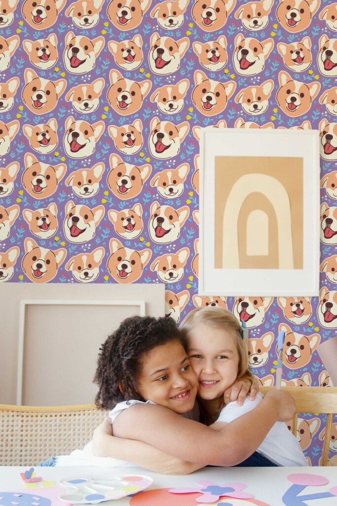 Fancy Walls Purple Dog wallpaper for Kids room walls in Cute Kawaii style traditional wallpaper.