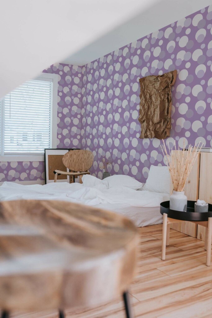 Boho style bedroom decorated with Purple dot peel and stick wallpaper