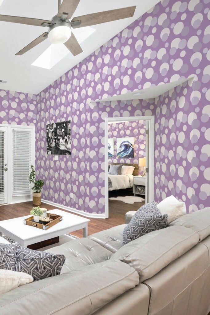 Coastal scandinavian style living room and bedroom decorated with Purple dot peel and stick wallpaper