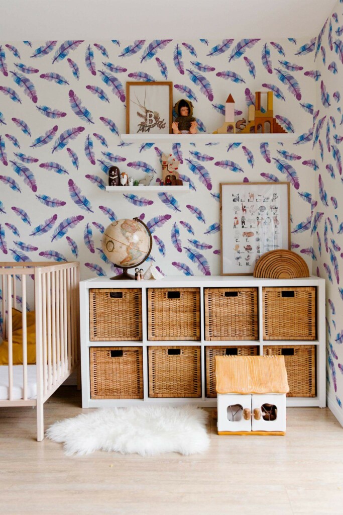 Boho style nursery decorated with Purple Feather peel and stick wallpaper
