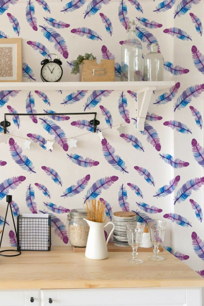 Light farmhouse style kitchen decorated with Purple Feather peel and stick wallpaper