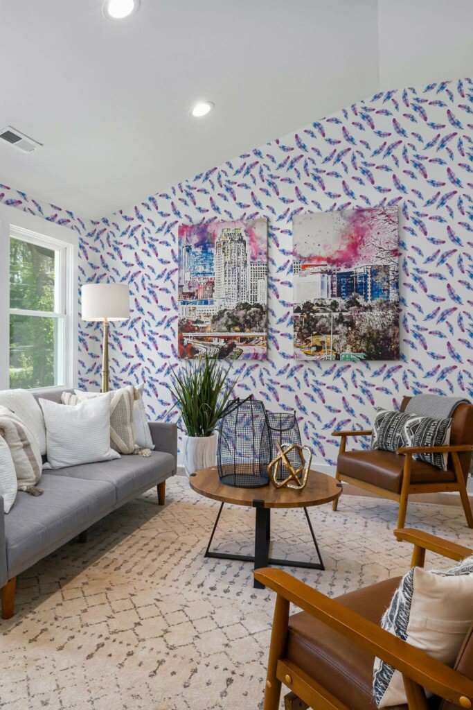 Mid-century modern style living room decorated with Purple Feather peel and stick wallpaper and colorful funky artwork