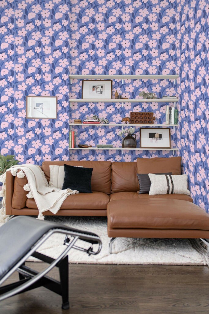 Mid-century modern style dining room decorated with Purple floral hairdresser peel and stick wallpaper