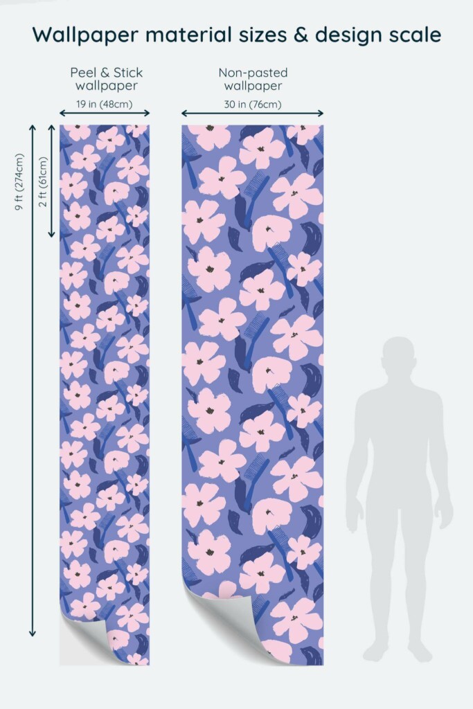 Size comparison of Purple Floral Hairdresser Peel & Stick and Non-pasted wallpapers with design scale relative to human figure