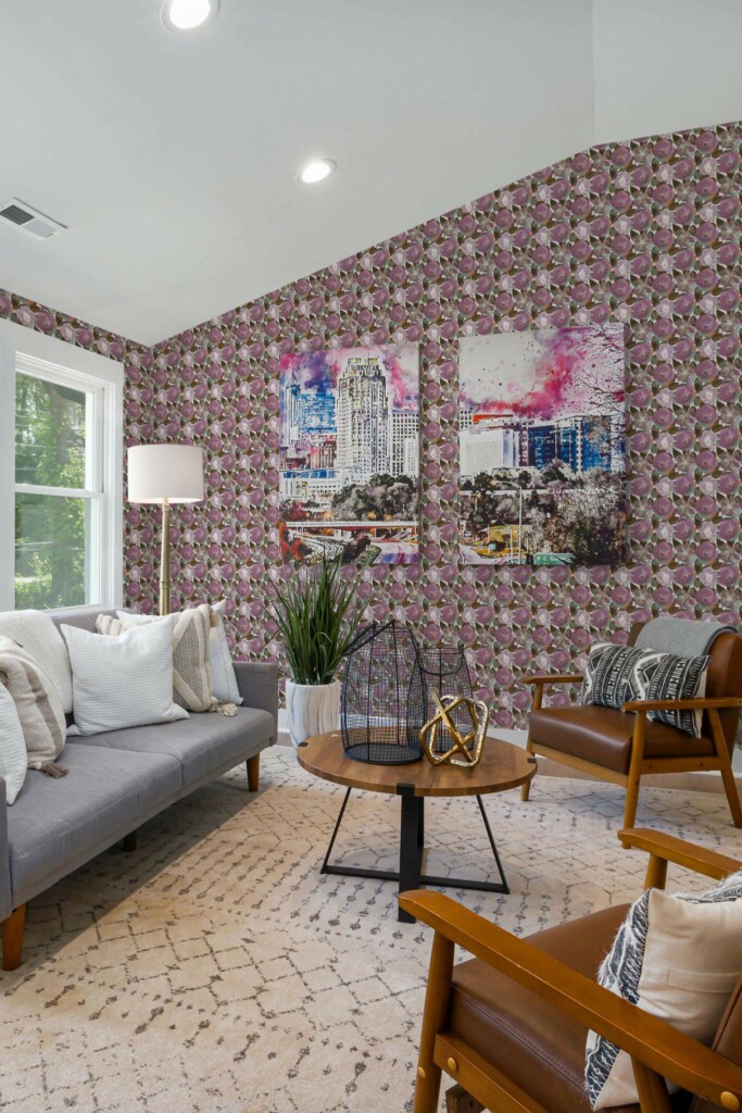 Mid-century modern style living room decorated with Purple floral peel and stick wallpaper and colorful funky artwork