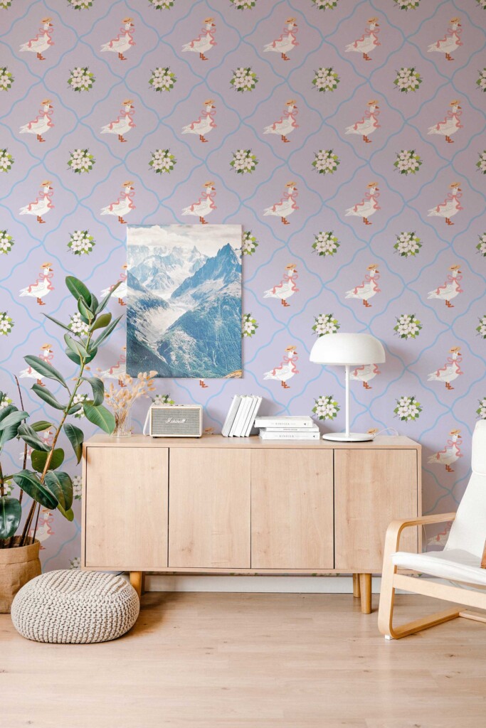 Traditional wallpaper design by Fancy Walls with geese in hats and flowers