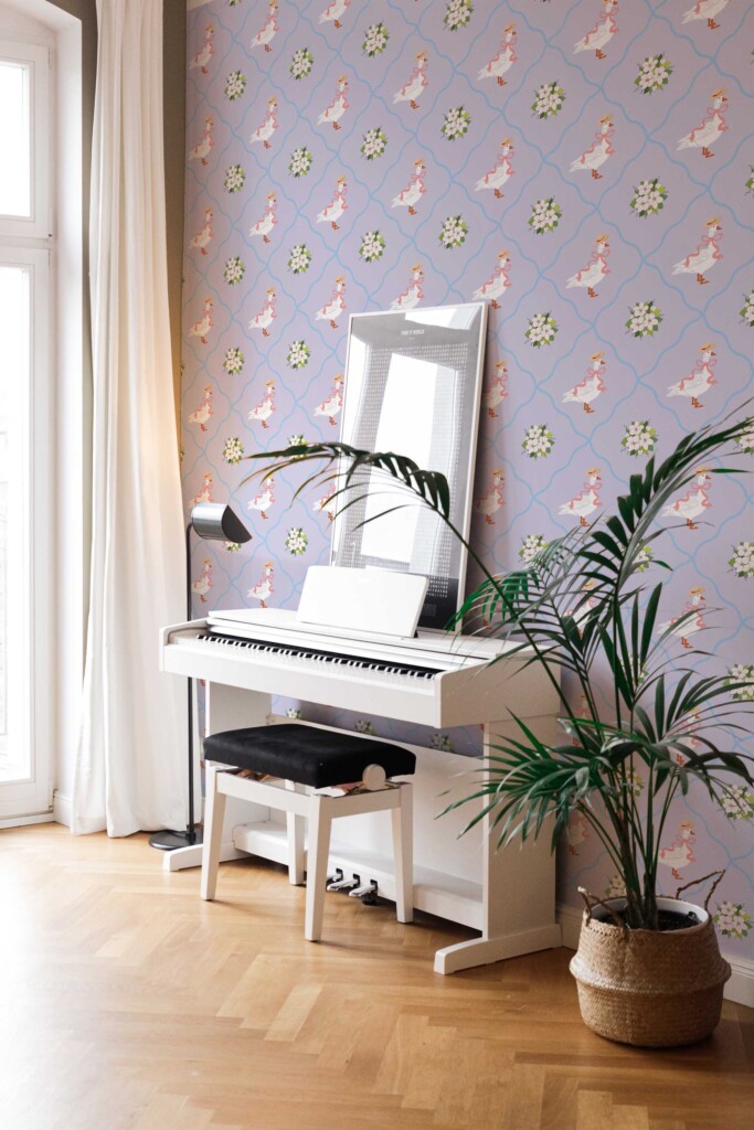 Traditional wallpaper design by Fancy Walls with geese in hats and flowers. Lilac Goose Charm wallpaper in minimalistic living room with piano