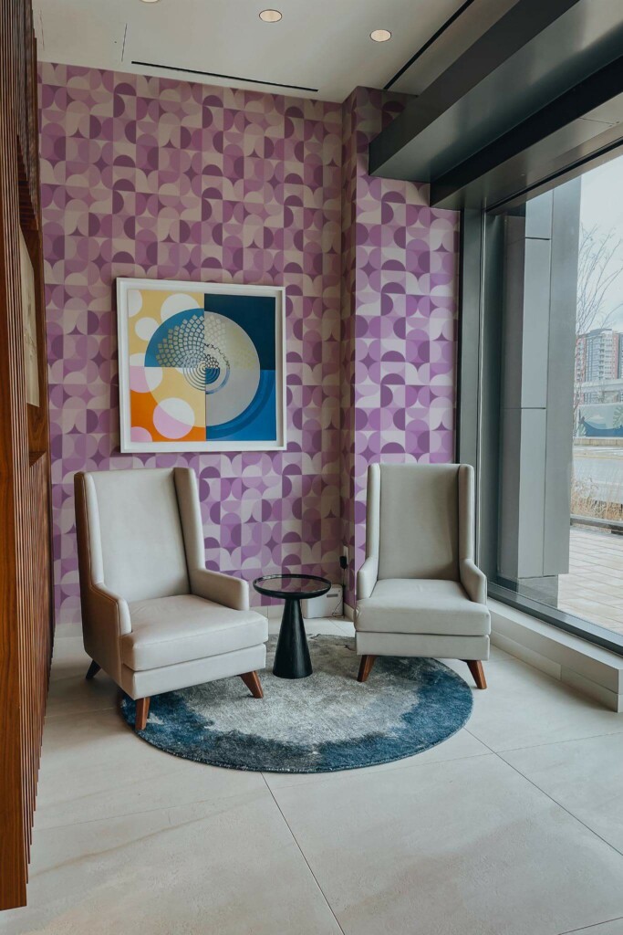 Mid-century-modern style living room decorated with Purple midcentury geometric peel and stick wallpaper