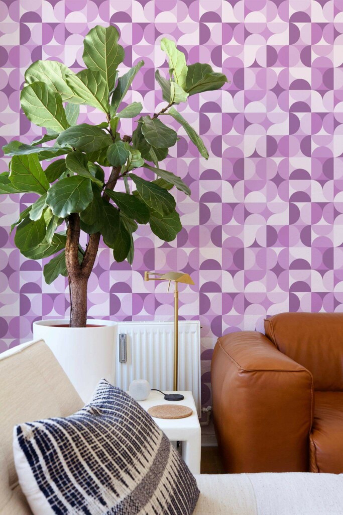 Mid-century style living room decorated with Purple midcentury geometric peel and stick wallpaper