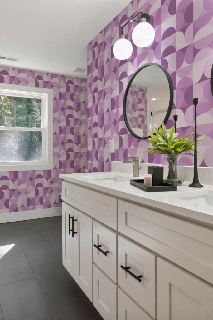 Scandinavian farmhouse style powder room decorated with Purple midcentury geometric peel and stick wallpaper