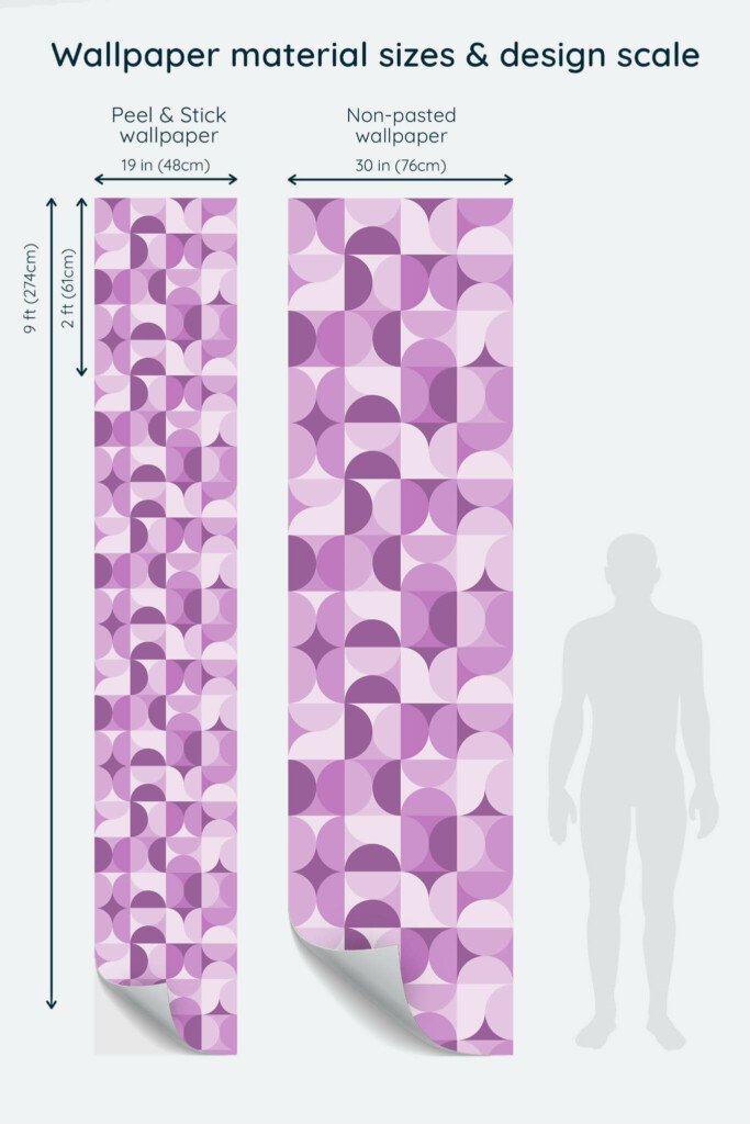 Size comparison of Purple midcentury Peel & Stick and Non-pasted wallpapers with design scale relative to human figure