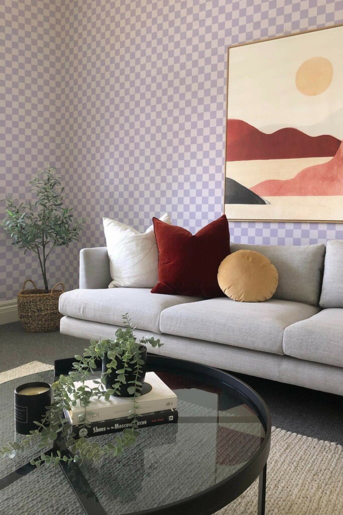 Boho style living room decorated with Purple pastel check peel and stick wallpaper