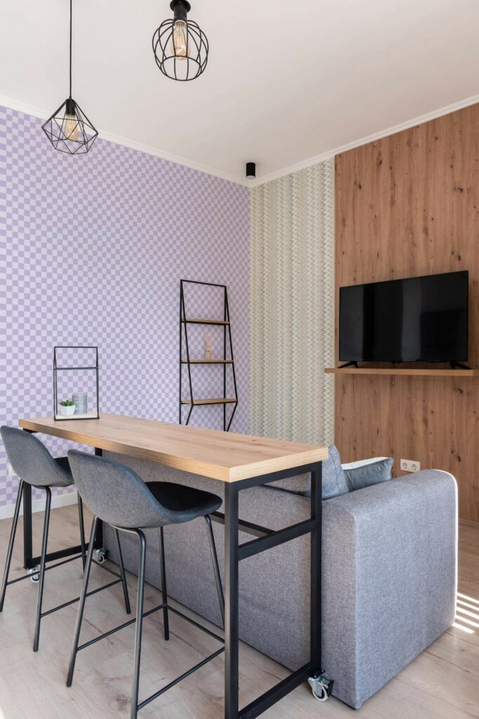 Scandinavian style open living room decorated with Purple pastel check peel and stick wallpaper