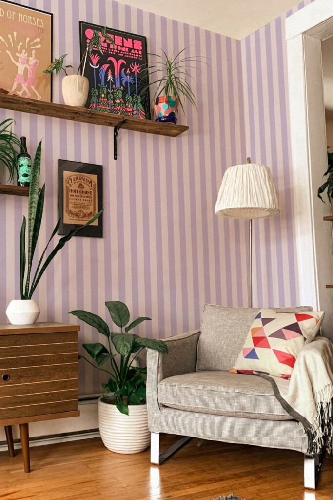 Eclectic style living room decorated with Purple pastel stripes peel and stick wallpaper