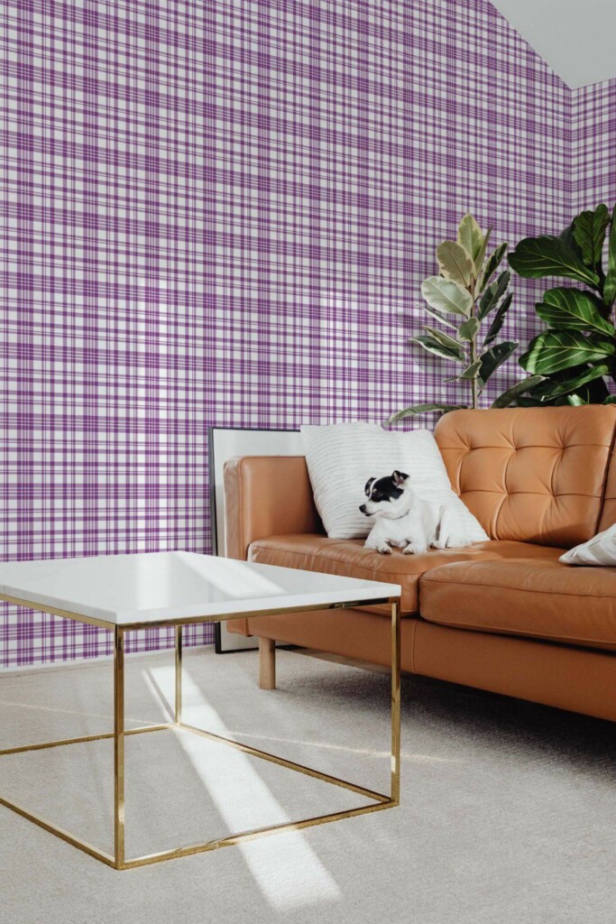 Mid-century modern style living room with dog on a sofa decorated with Purple plaid peel and stick wallpaper