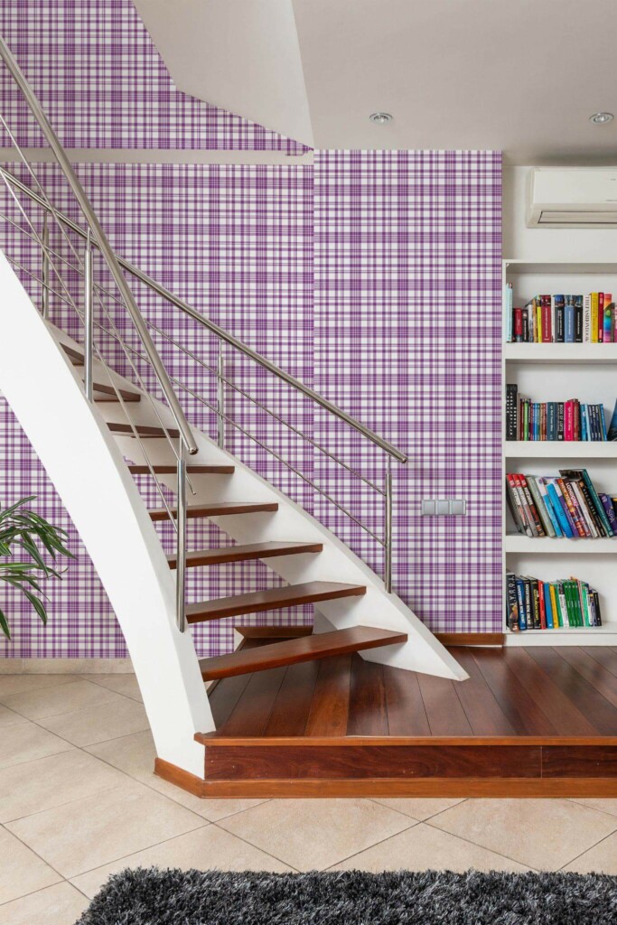 Modern style hallway with stairs decorated with Purple plaid peel and stick wallpaper