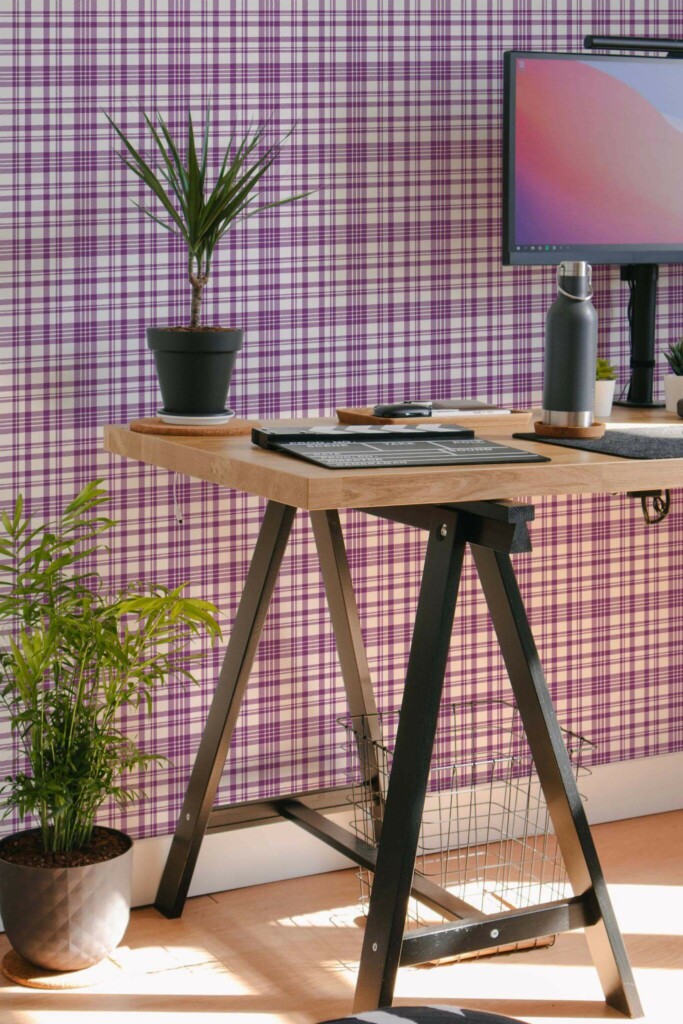 Scandinavian style home office decorated with Purple plaid peel and stick wallpaper