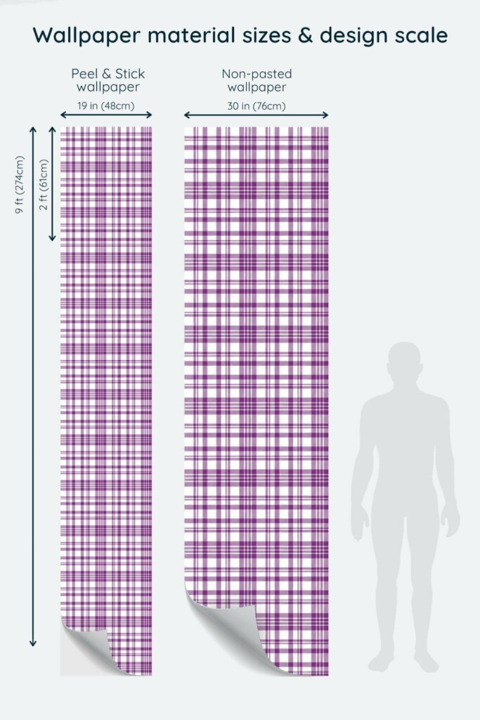 Size comparison of Purple plaid Peel & Stick and Non-pasted wallpapers with design scale relative to human figure