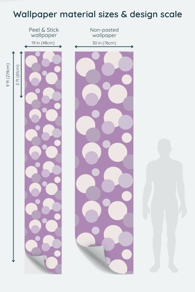 Size comparison of Purple polka dot Peel & Stick and Non-pasted wallpapers with design scale relative to human figure