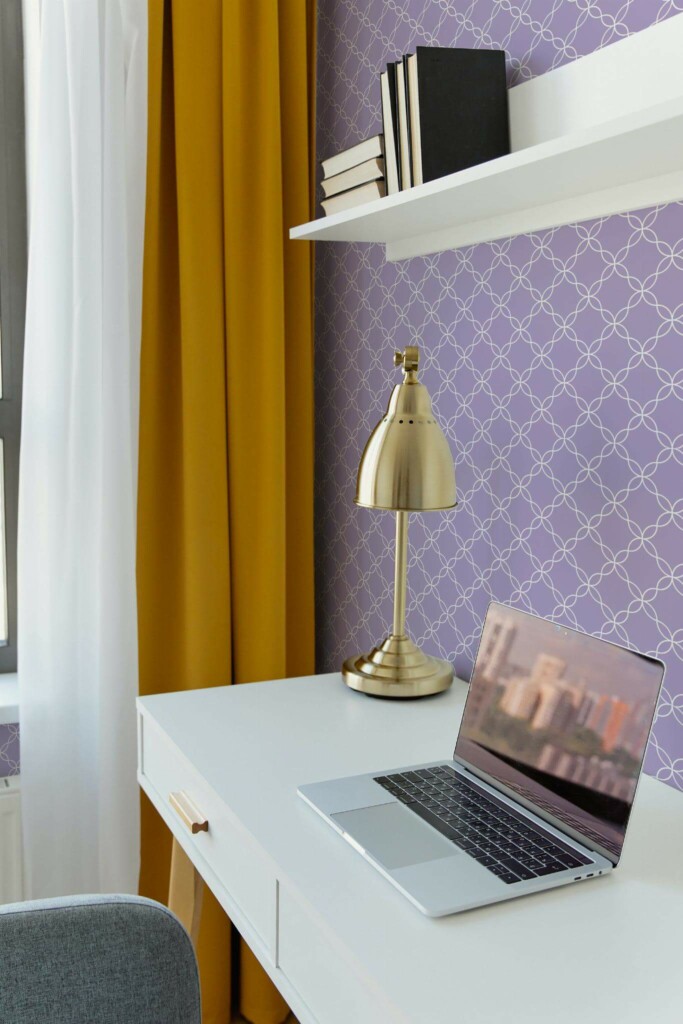 Scandinavian style home office decorated with Purple powder room peel and stick wallpaper