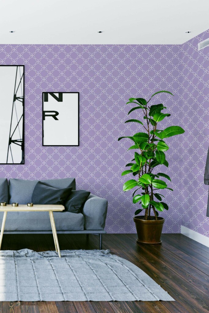 Modern scandinavian style living room decorated with Purple powder room peel and stick wallpaper