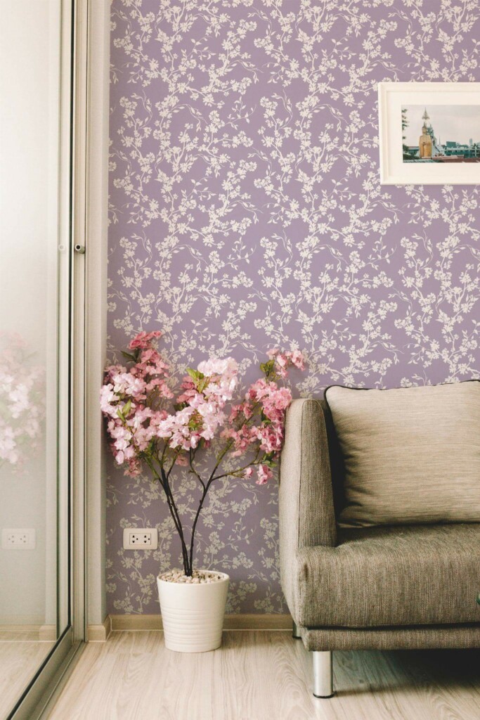 Modern farmhouse style living room decorated with Purple sakura peel and stick wallpaper