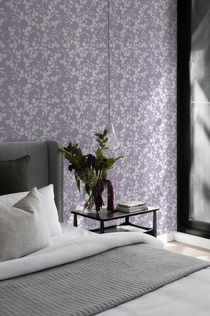 Scandinavian style bedroom decorated with Purple sakura peel and stick wallpaper