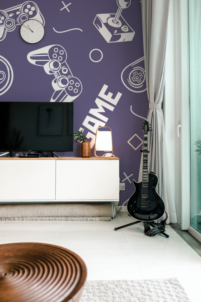 Fancy Walls purple wall paper mural with gamepad pattern