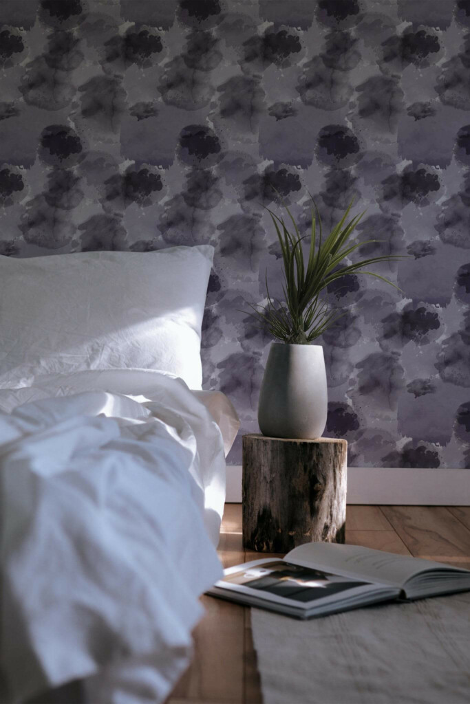 Minimal scandinavian style bedroom decorated with Purple watercolor peel and stick wallpaper