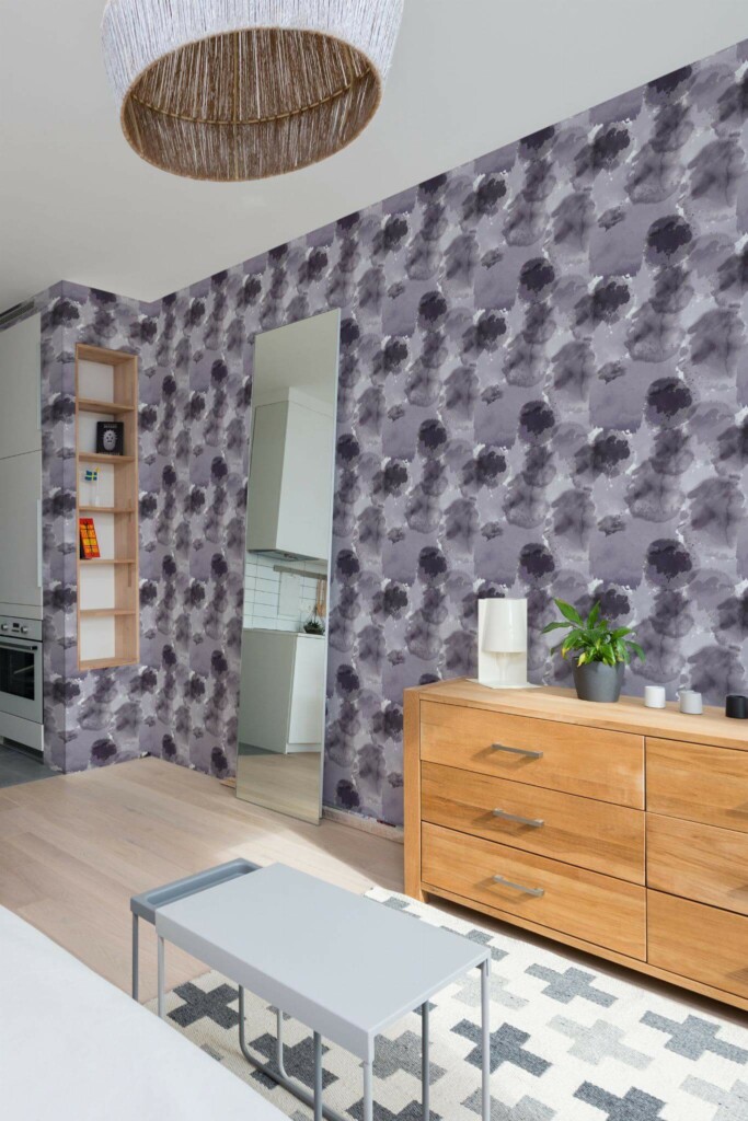 Scandinavian style small apartment decorated with Purple watercolor peel and stick wallpaper