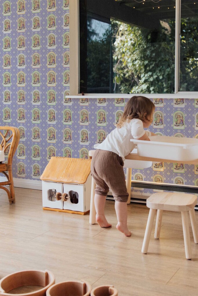 Alice and Frog vintage style peel and stick or non-pasted wallpaper with purple background and moroccan pattern. Fancy Walls self-adhesive or traditional wonderland wallpaper for kids room and creative spaces