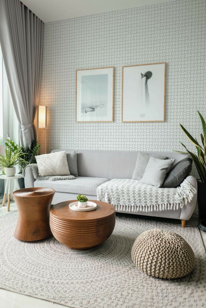 Modern scandinavian style living room decorated with Puzzle peel and stick wallpaper and green plants