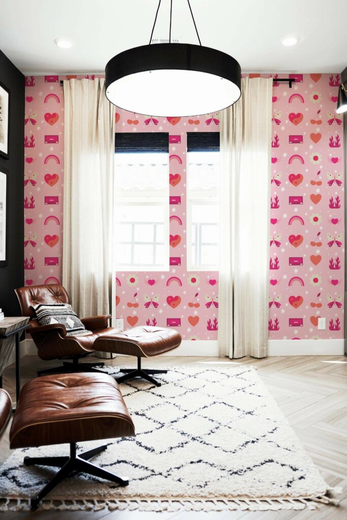 Mid-century modern style living room decorated with Quirky doodle peel and stick wallpaper