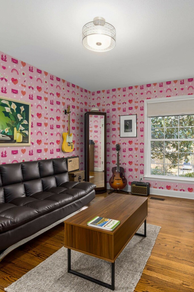 Mid-century style living room decorated with Quirky doodle peel and stick wallpaper and music instruments