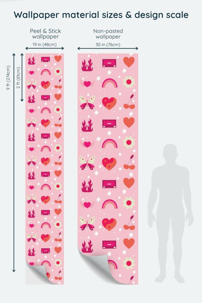 Size comparison of Quirky doodle Peel & Stick and Non-pasted wallpapers with design scale relative to human figure