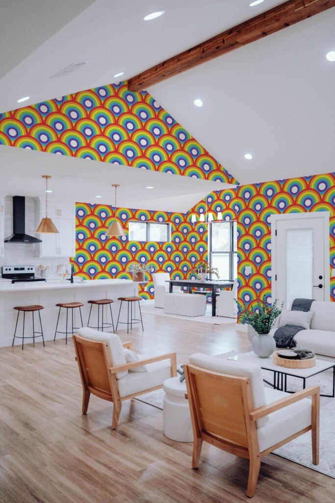 Contemporary style living room and kitchendecorated with Rainbow circles peel and stick wallpaper