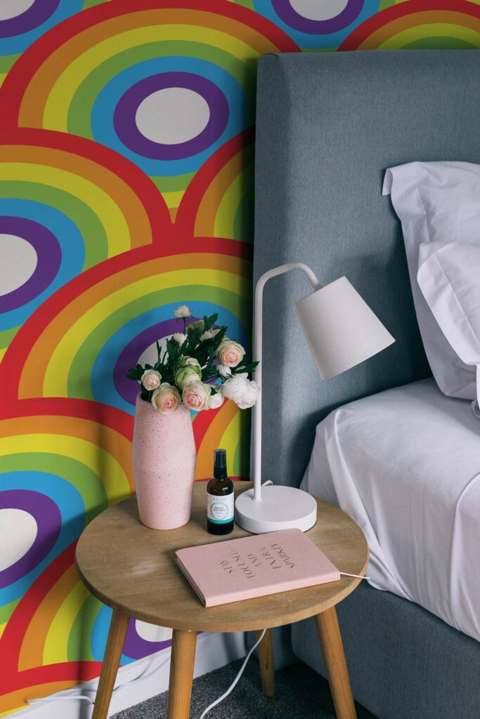 Rustic style bedroom decorated with Rainbow circles peel and stick wallpaper