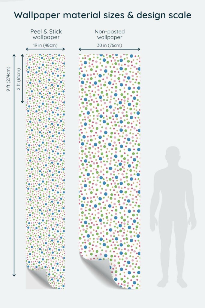 Size comparison of Rainbow dots Peel & Stick and Non-pasted wallpapers with design scale relative to human figure