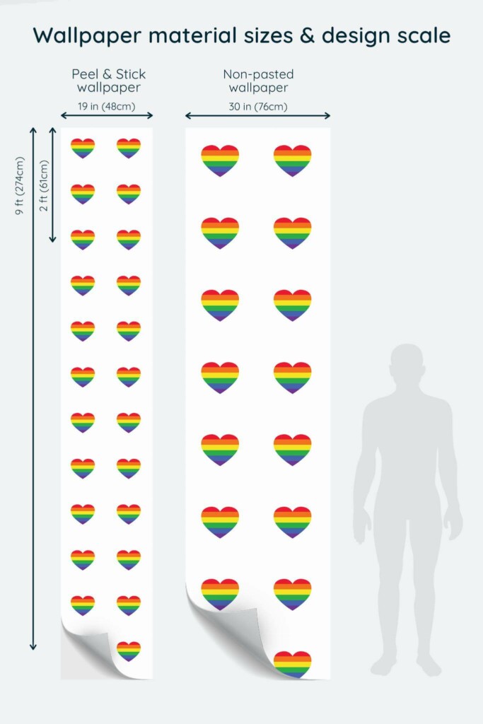 Size comparison of Rainbow hearts Peel & Stick and Non-pasted wallpapers with design scale relative to human figure