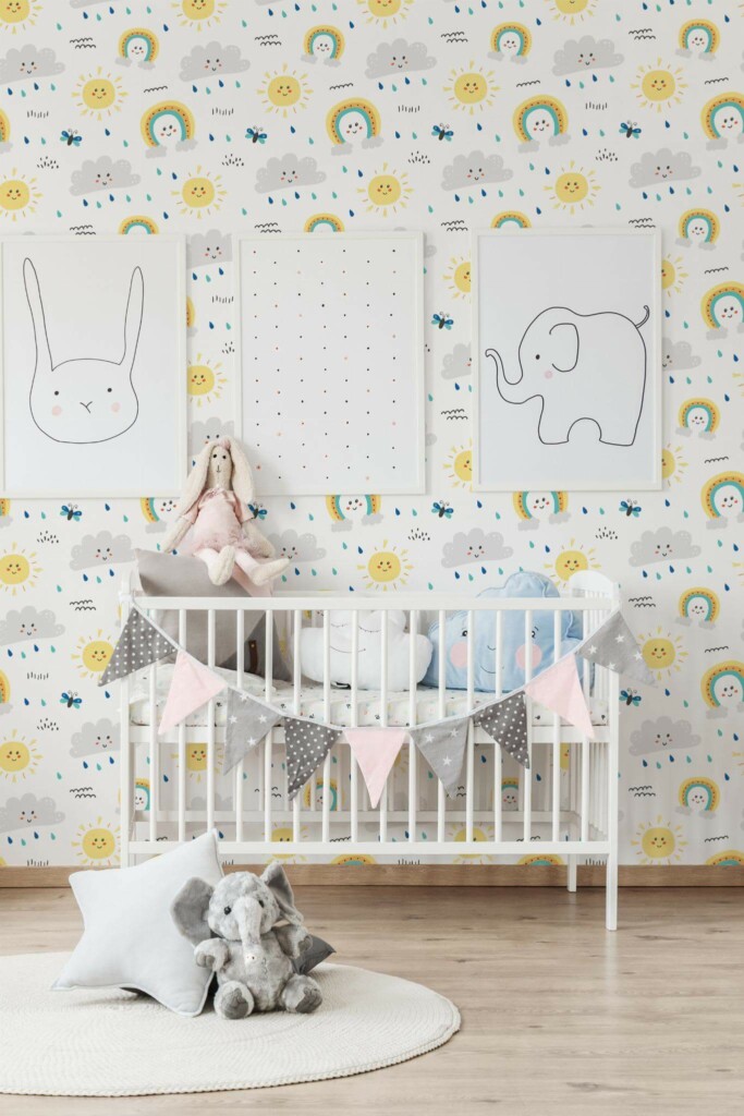 Minimal style nursery decorated with Rainbow nursery peel and stick wallpaper