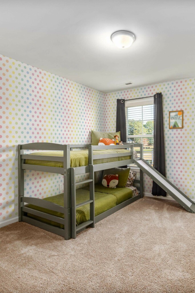 MId-century modern style kids room decorated with Rainbow polka dot peel and stick wallpaper