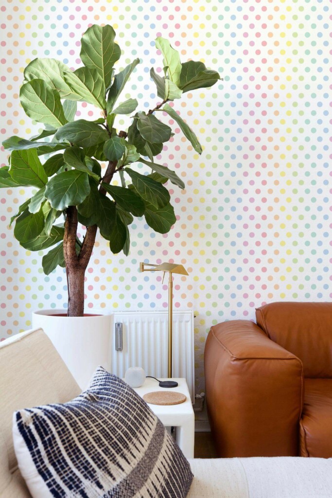 Mid-century style living room decorated with Rainbow polka dot peel and stick wallpaper