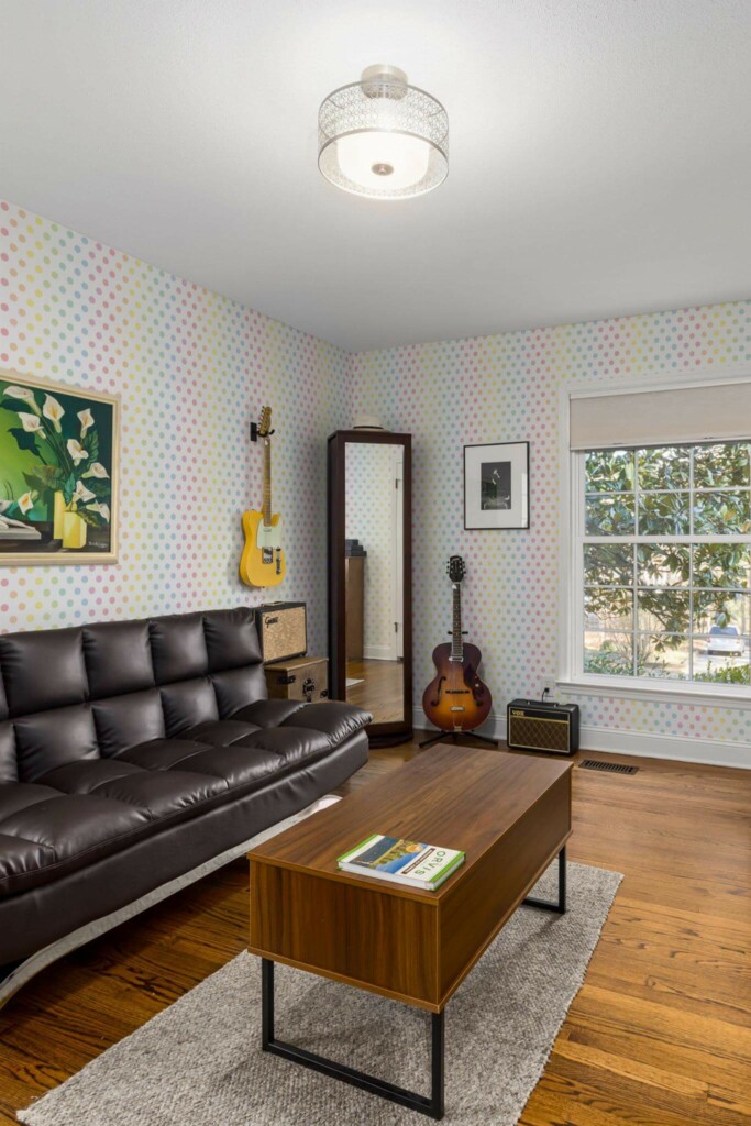 Mid-century style living room decorated with Rainbow polka dot peel and stick wallpaper and music instruments